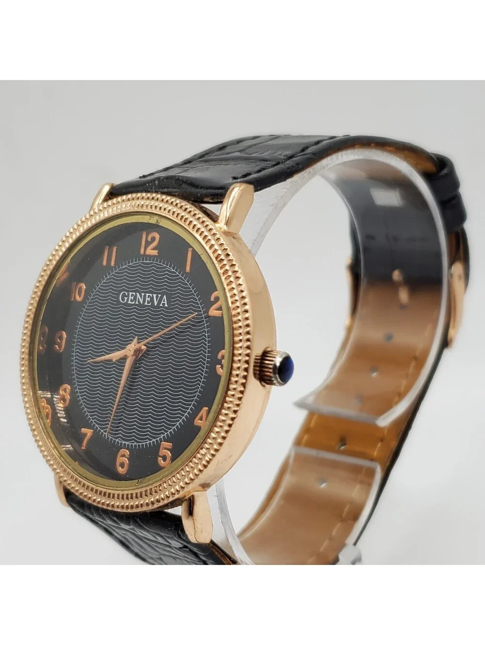 Geneva Quartz Watch 38mm Rose Gold Tone Black Leather Band New Battery